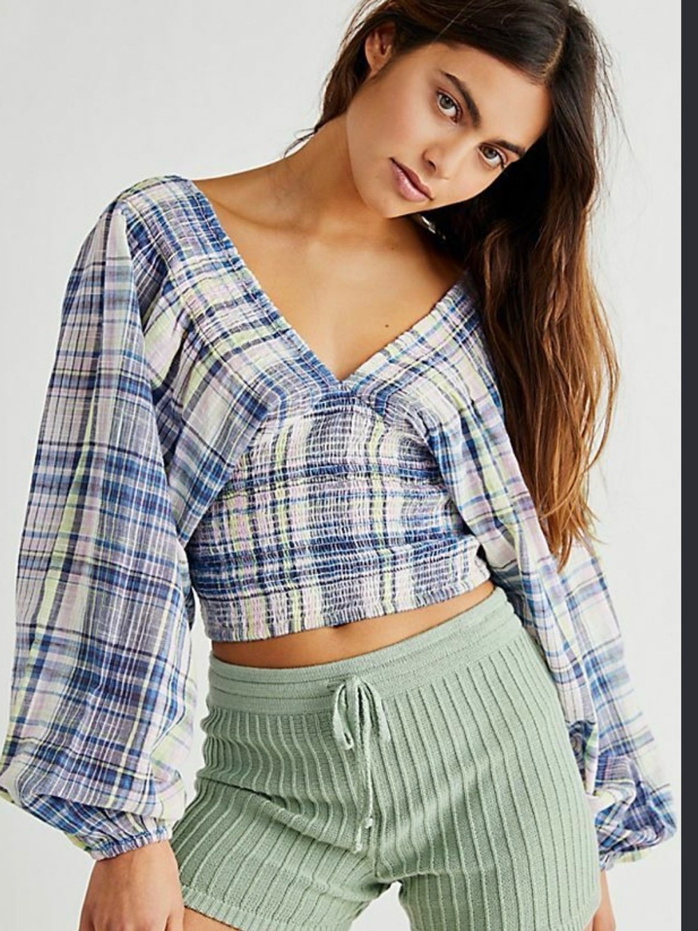 Free People Marlena Plaid Top - sz S boho blue cropped smocked